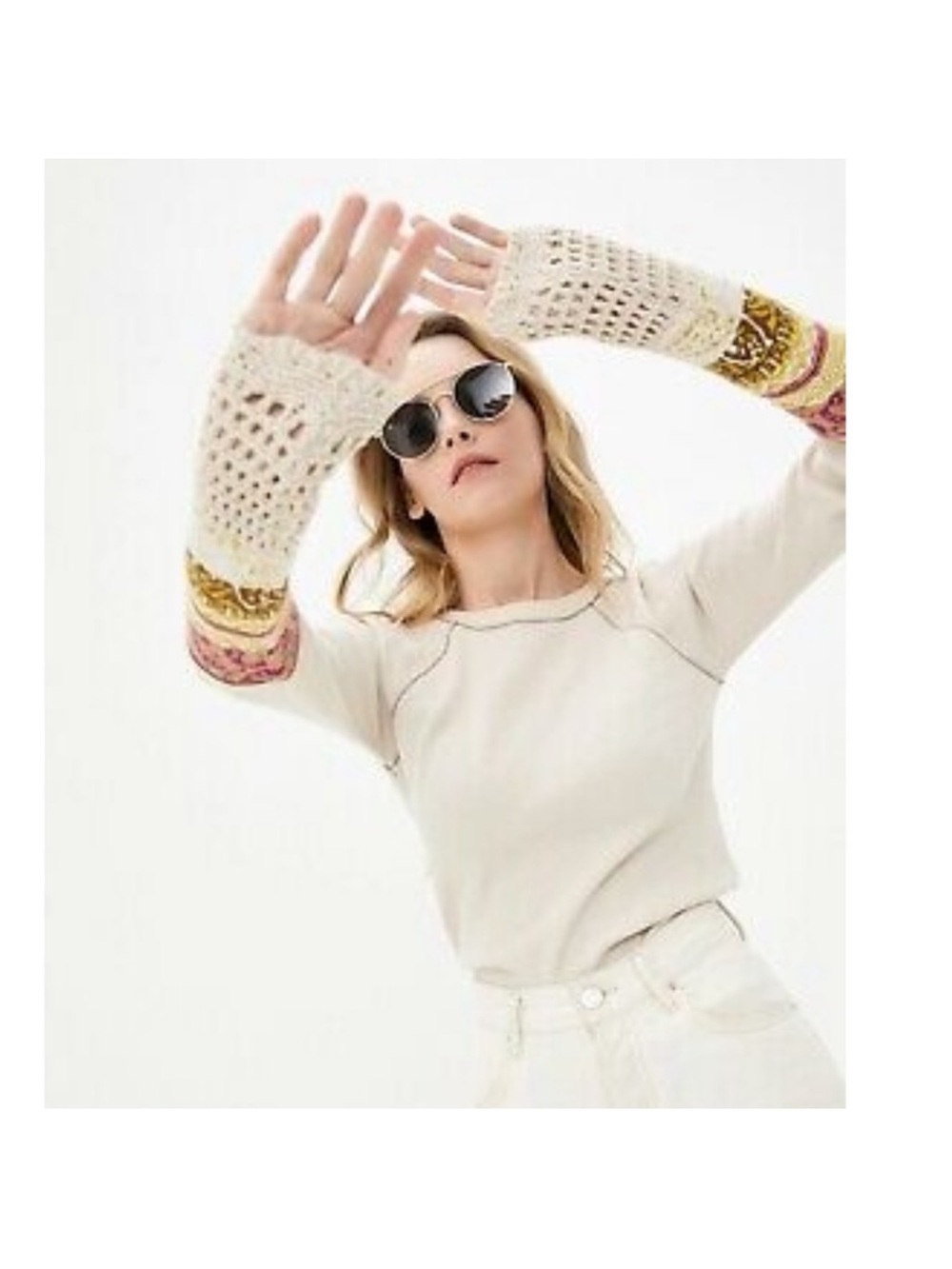 Free People In The Mix Cuff Thermal Top Cream Linen Combo Knit Sz Small